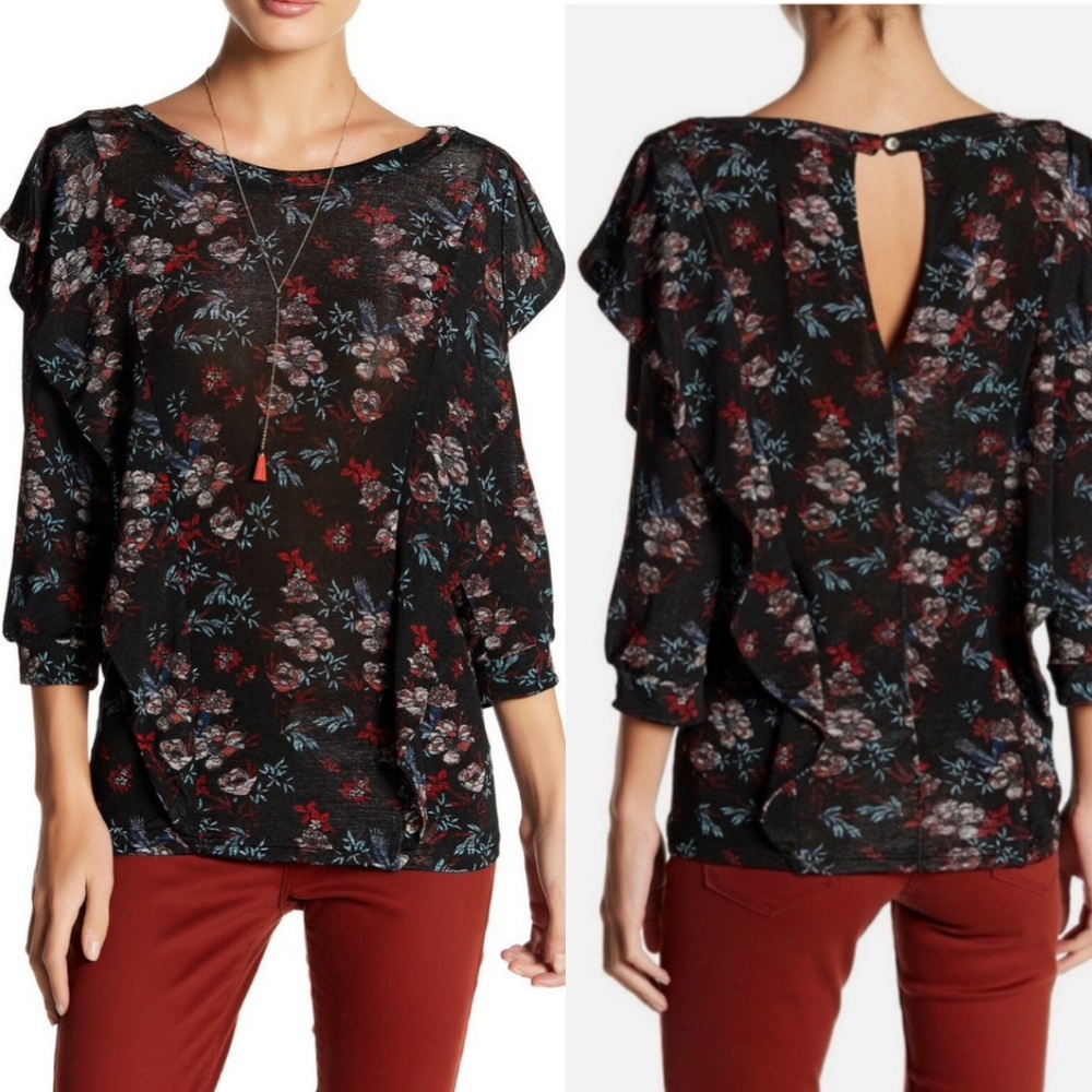 NWT Free People Dock Street Black Floral Print Cutout Ruffe Knit Top - L